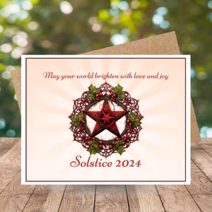 Winter Solstice card, handmade greeting card set for Yule, pagan holiday greeting card, yuletide card, floral pentagram wreath, WS002