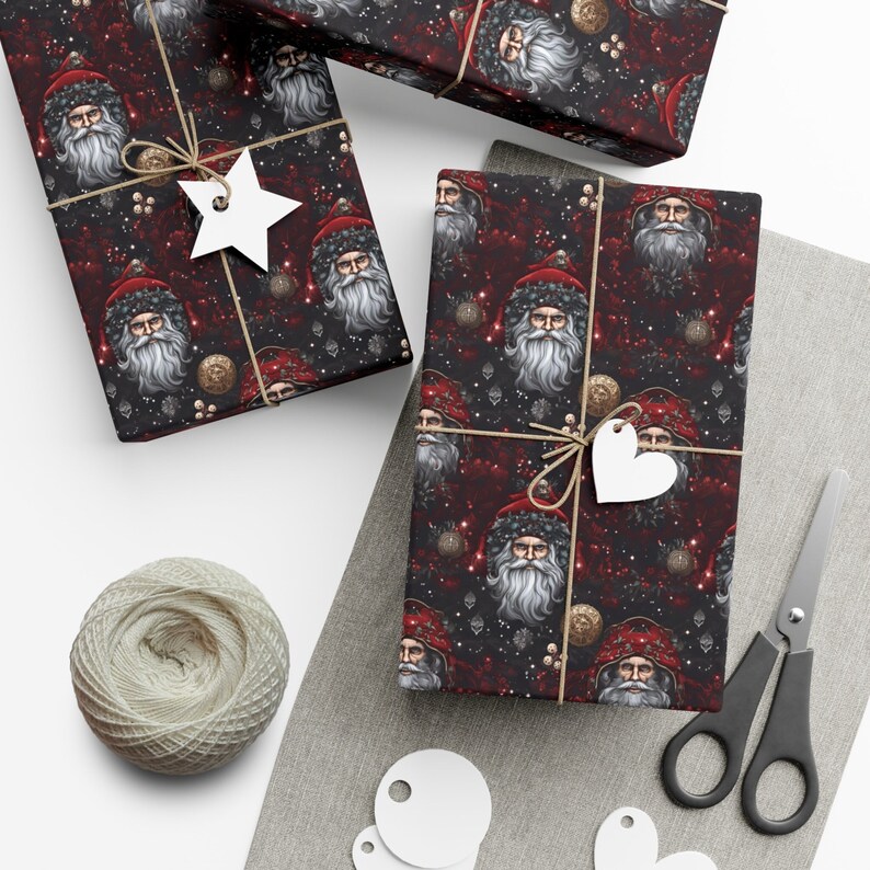 Pagan santa gift wrap rolls, goth Christmas, retro Santa wrapping paper, dark academia wrapping paper, gothic winter solstice, yule wrap image 1