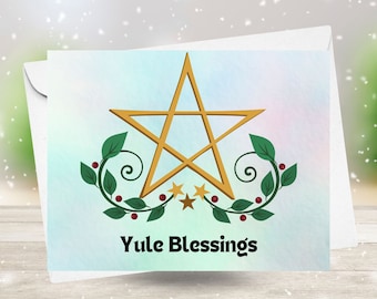 Yule blessings Winter Solstice cards, pentagram star handmade greeting card set, holiday notecard set, pagan Christmas, blank cards