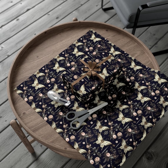 Moody moth wrapping paper, witchy gift wrap for birthday gift, maximalist design, floral gift wrap for wedding gift, dark cottagecore