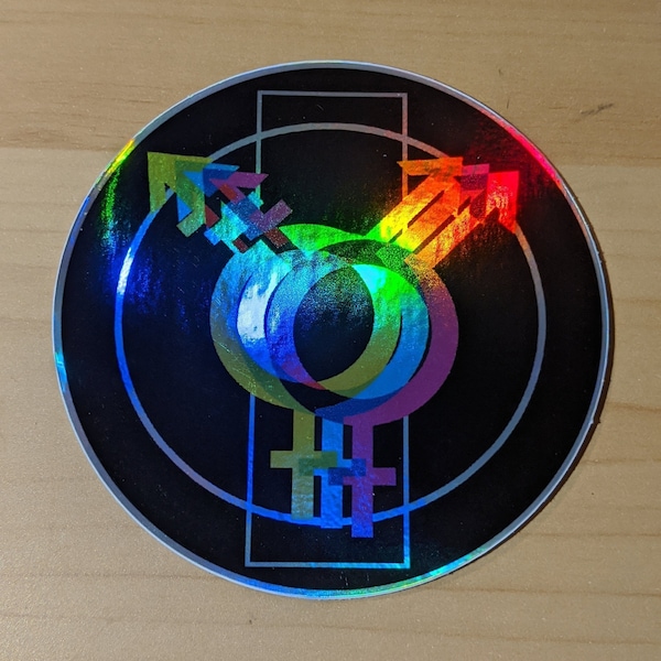 3in Transgender Pride symbol holographic vinyl sticker CMYK offset design