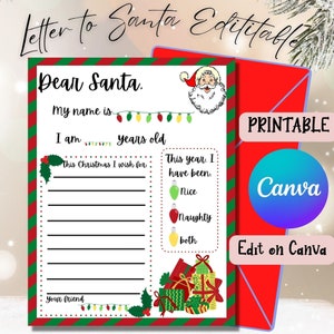 Carta editável do Canva para o Papai Noel • Lista de desejos de Natal para crianças • Para imprimir