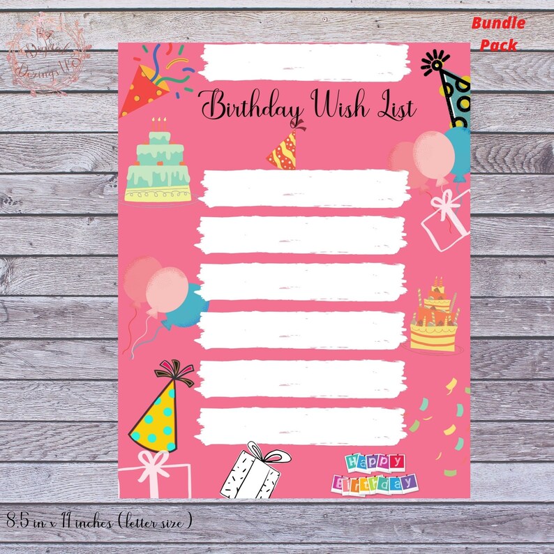 Birthday Wishlist Printable Bundle Pack • 4 Different Colors • Children ...