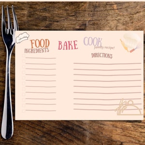 Printable Recipe Cards, Printable Recipe Card 6x4in, Food, Bake, Cook ...