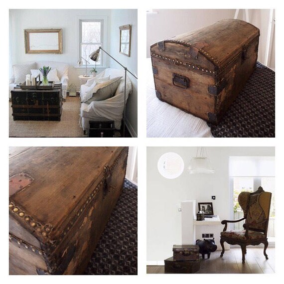 Original Georgian Edwardian Antique Wooden Studded Domed Top Trunk Chest Blanket Toy Box Storage
