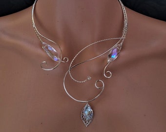 Elvish open collar necklace, elven necklace, torc necklace, medieval renaissance crystal bridal necklace, torque necklace in MOONLIGHT COLOR