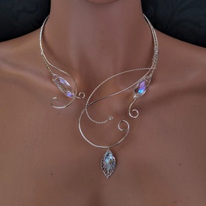 Elvish open collar necklace, elven necklace, torc necklace, medieval renaissance crystal bridal necklace, torque necklace in MOONLIGHT COLOR