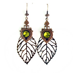 Large leaf earrings , woodland earrings , elven earrings with olive green crystal , fairy earrings , long leaf earrings