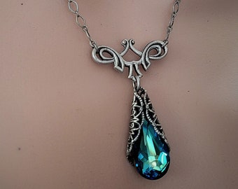 dainty filigree victorian drop crystal pendant necklace with blue crystal, romantic victorian bridal jewelry, renaissance tudor necklace