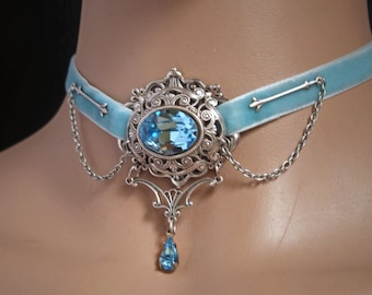 Blue Velvet choker , filigree choker necklace , pastel goth choker , aquamarine choker necklace , victorian choker with swarvaski crystal