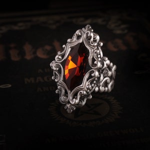 Goth ring , Vampire ring , witch ring , red swarvaski crystal gothic victorian cocktail ring , ornate Gothic ring , Medieval Edwardian ring