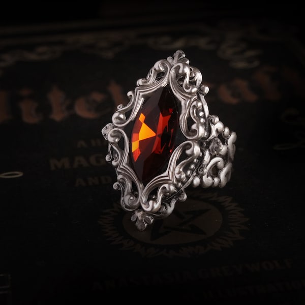 Goth ring , Vampire ring , witch ring , red swarvaski crystal gothic victorian cocktail ring , ornate Gothic ring , Medieval Edwardian ring