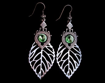 Large leaf earrings , woodland earrings , elven earrings with crystal , filigree leaf nature earrings , fairy plant earrings , leaf earrings