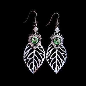 Large leaf earrings , woodland earrings , elven earrings with crystal , filigree leaf nature earrings , fairy plant earrings , leaf earrings