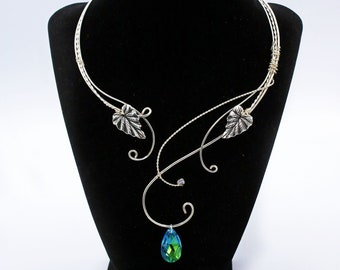 ELVEN JEWELRY, elven necklace , fairy jewelry , silver elvish necklace with leaves , fairy necklace , torc , royal blue necklace, elf