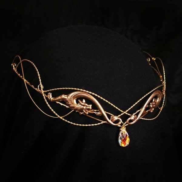 Elven circlet , Dragon crown , renaissance headpiece , gold diadem , crystal tiara , elvish circlet , elven crown , gold crown with crystal