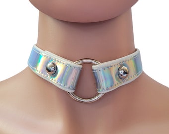 HOLOGRAPHIC CHOKER, kawaii pastel goth faux leather O ring choker, 90's Y2K rave necklace, vegan leather choker, EDM festival jewelry