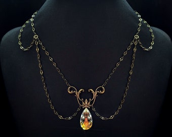victorian choker, renaissance jewelry, bridal choker, crystal statement choker, elven jewelry, dainty filigree crystal choker with chains