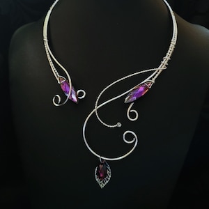 Elven torc necklace with purple crystals, medieval fantasy renaissance necklace, silver torque necklace, elvish open collar necklace,