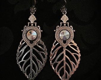Leaf earrings , woodland earrings , woodland jewelry , forest earrings , fairy earrings , botanical elvish earrings with crystal