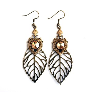 ELVEN EARRINGS , fairy earrings , leaf earrings , nature earrings , elven jewelry, large leaf elvish fall earrings with gold crystal
