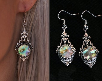 Silver abalone shell earrings , Art deco earrings with paua shell , natural seashell earrings , mother of pearl drop earrings