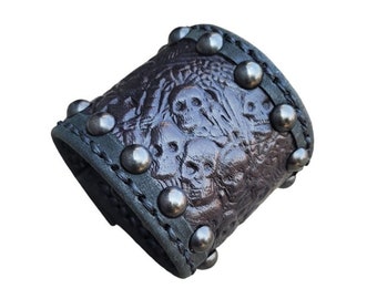 Men's skull leather cuff bracelet, gothic leather bracelet, studded leather wristband, goth punk cuff / River of Styxx bracelet in BLACK