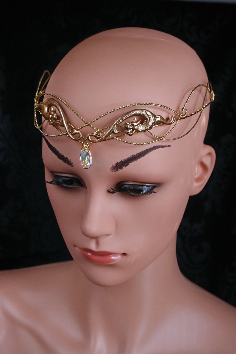 Elven circlet , Dragon crown , renaissance headpiece , gold diadem , crystal tiara , elvish circlet , elven crown , gold crown with crystal image 3
