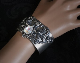 Victorian wide cuff bracelet , silver statement cuff bracelet , filigree bracelet , ornate crystal bracelet , art nouveau wedding bracelet