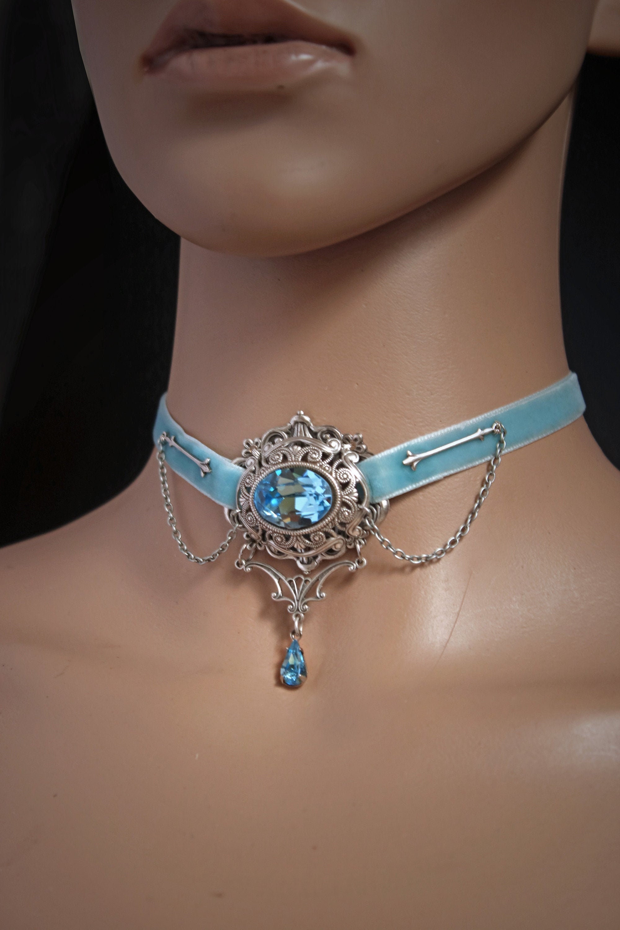 Blue Velvet Choker , Filigree Choker Necklace , Pastel Goth Choker