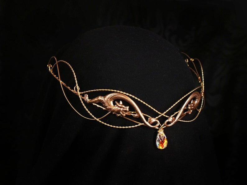 Elven circlet , Dragon crown , renaissance headpiece , gold diadem , crystal tiara , elvish circlet , elven crown , gold crown with crystal image 1