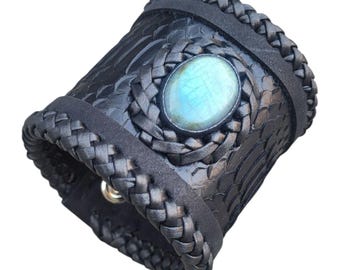 Genuine snake skin leather cuff bracelet for men with labradorite, dystopian, post apocalyptic leather bracelet, burning man, snake bracelet