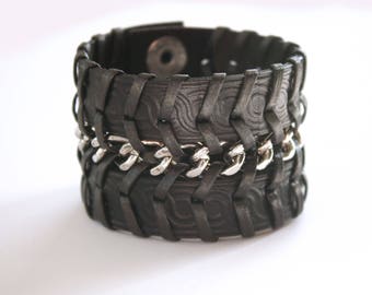 wide cuff bracelet , custom leather cuff , biker bracelet , punk bracelet , cuff bracelet black , leather bracelet with silver chain