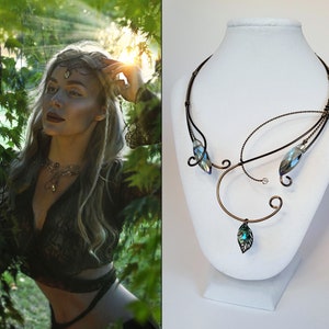 ELVISH NECKLACE, elven, bronze neck torc, woodland, fairy necklace, earthy jewelry, crystal torc, crystal necklace, torque necklace,