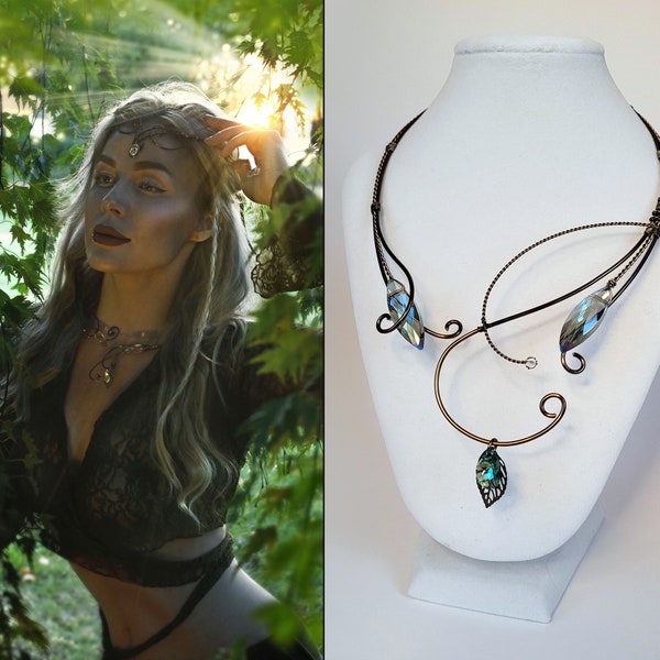 ELVISH NECKLACE, elven, bronze neck torc, woodland, fairy necklace, earthy jewelry, crystal torc, crystal necklace, torque necklace,