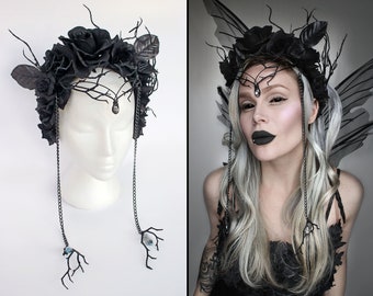 Dark fairy headpiece, dark fairy crown, festival headpiece, costume headpiece, gothic headpiece, nature headpiece, fairy crown, crystal