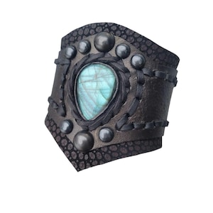 Tribal leather cuff bracelet with labradorite gemstone for women or men, Leather wristband, wide leather wirst cuff, burning man accessory