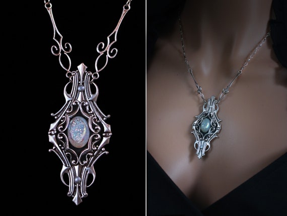 Gothic necklace, vampire necklace with druzy gemstone, medieval renaissance jewelry, ornate gothic victorian necklace, fantasy elven jewelry