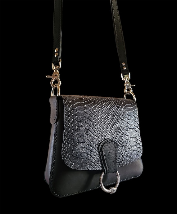 gothic leather bag, python snake leather bag, small leather crossbody bag, goth purse, women's leather satchel, small messenger bag