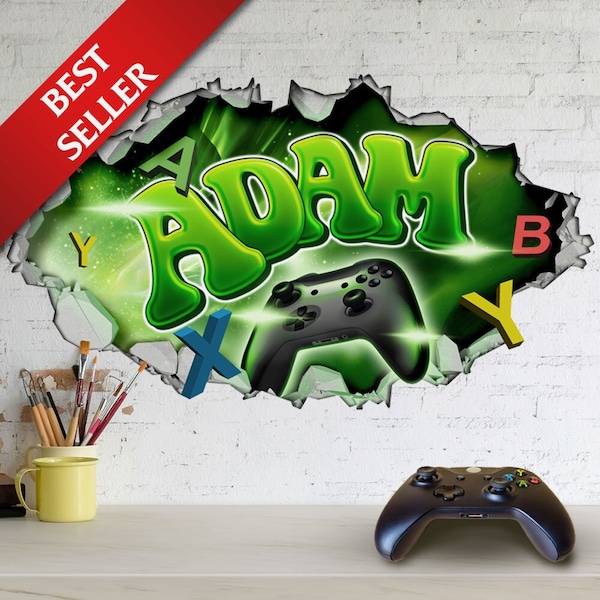 Personalised Green Medium & Large Sized 3D Cracked Wall Effect Gamer Wall Decal/Sticker