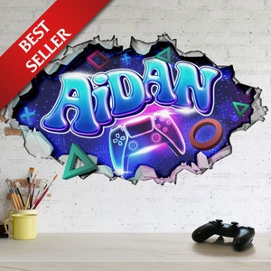 Personalised Medium & Large Sized 3D Cracked Wall Effect Gamer Wall Decal/Sticker