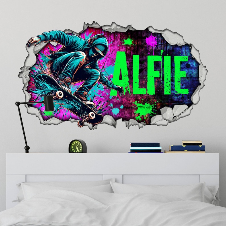 Personalised 3D Cracked Wall Effect Skateboarder Wall Art Decal/sticker ...