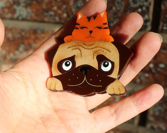 TimTam brooch - Laser Cut Pug and cat brooch , Acrylic Brooch  - Handmade