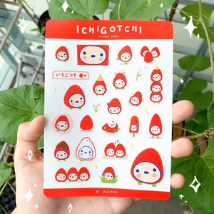 ichigotchi (clear) sticker sheet - waterproof clear cute strawberry planner stickers (tamagotchi)