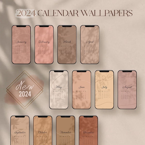 4K Set of 12 Months Calendar 2024 Wallpapers Smartphone and iPad / Digital Calendar Boho iPhone Android, Wallpaper HD Art illustration