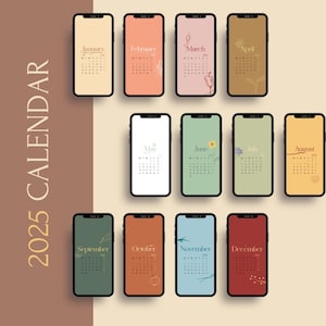 4K 12 Kalender-Hintergründe 2025 Smartphone und iPad / Digitaler Kalender Boho iPhone Android, 12-Monats-Hintergrundbild HD-Kunstillustration iPhone