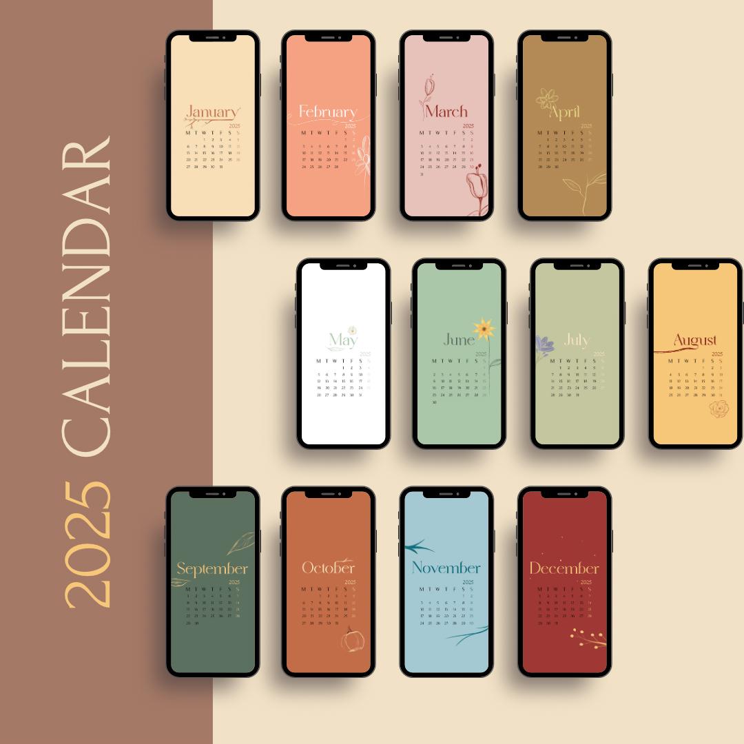 4K 12 Calendar 2025 Wallpapers Smartphone and iPad / Digital Calendar Boho iPhone Android, Set of 12 Months Wallpaper HD Art illustration