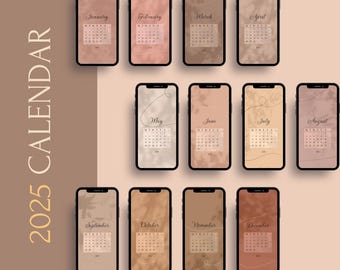 4K Set of 12 Months Calendar 2025 Wallpapers Smartphone and iPad / Digital Calendar Boho iPhone Android, Wallpaper HD Art illustration