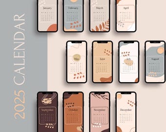 4K Set of 12 Months Calendar 2025 Wallpapers Smartphone and iPad / Digital Calendar Boho iPhone Android, Wallpaper HD Art illustration