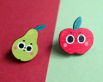 Cute Apple & Pear Pins / Wooden Lapel Pins